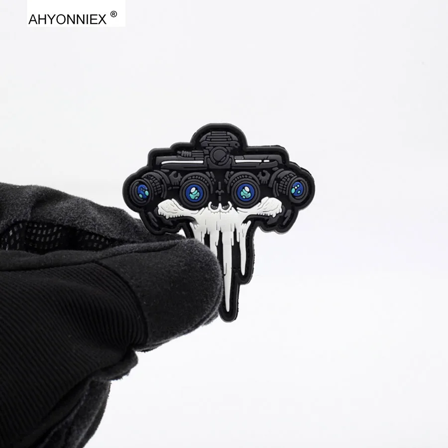 AHYONNIEX 1PC PVC Night Vision Goggles Skull Patch Tactical Medal Luminous Hook&Loop Badge Military Stickers for Backpack
