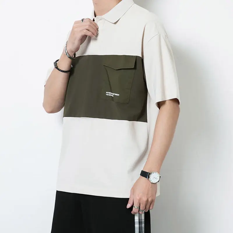 Office Lady Fashion Casual Business T-Shirts Pockets Loose Sprung Summer Men\'s Clothing Patchwork Button Short Sleeve Handsome