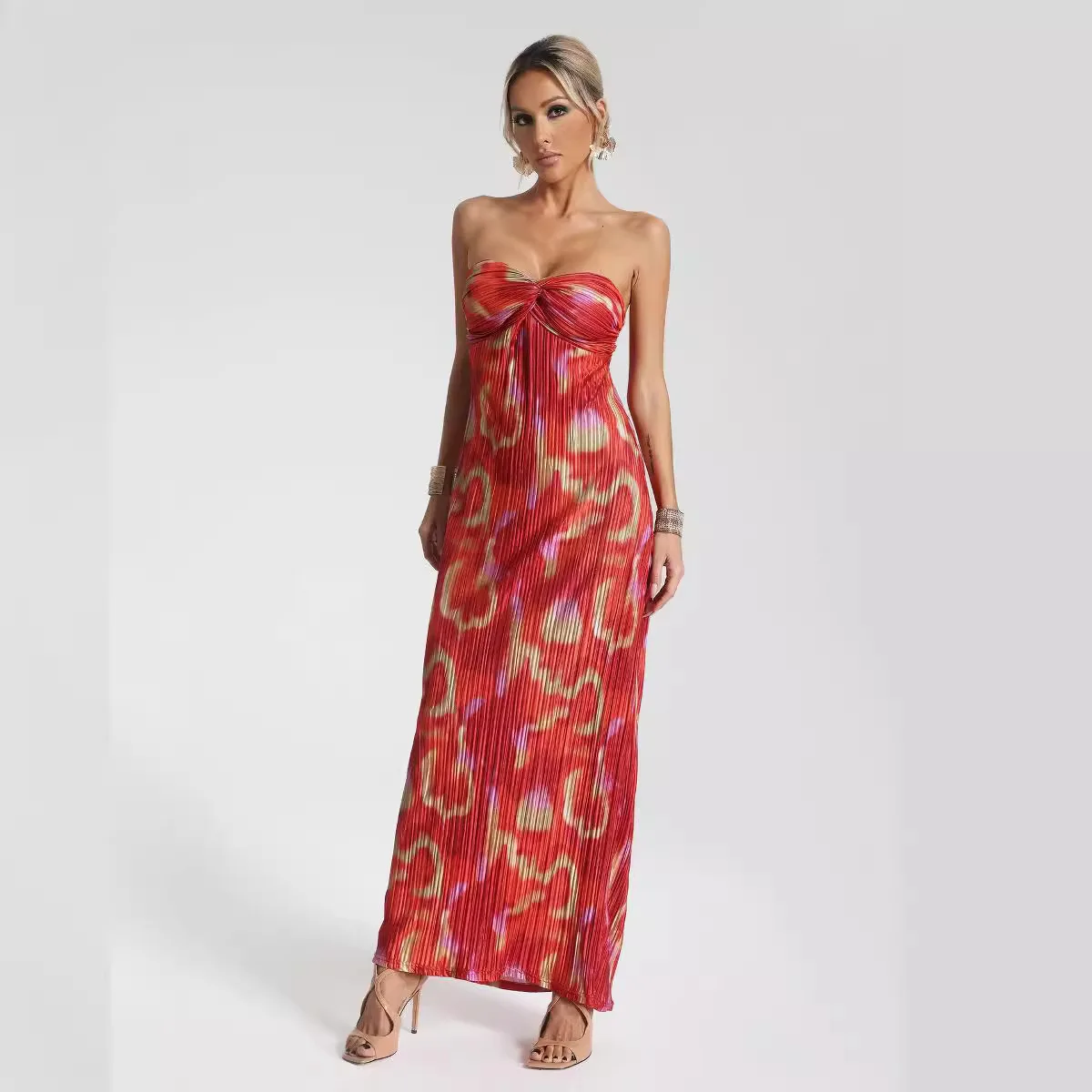 

2024 Popular Strapless Backless Printed Pleated Slimming Women's Jumpsuit Long Skirt A-line Skirt