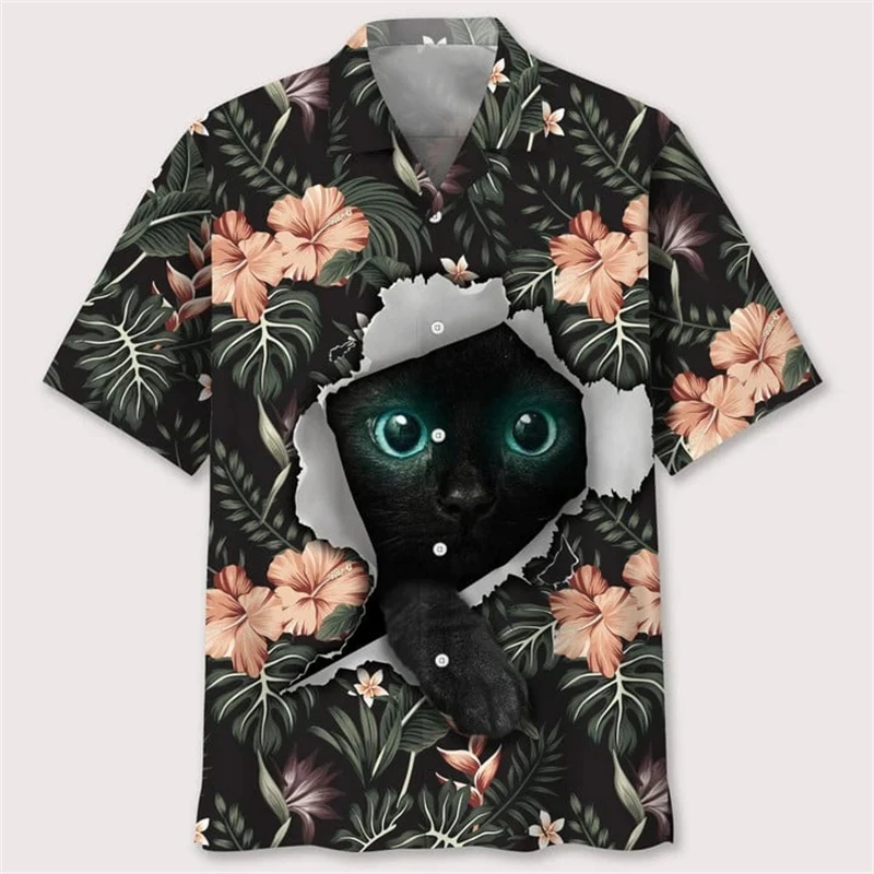 Hawaii Shirts Cat Dog 3d Print Men's Short Sleeve Blouse Holiday Party Tops Oversized Tee Shirt For Men Clothing Harajuku Camisa