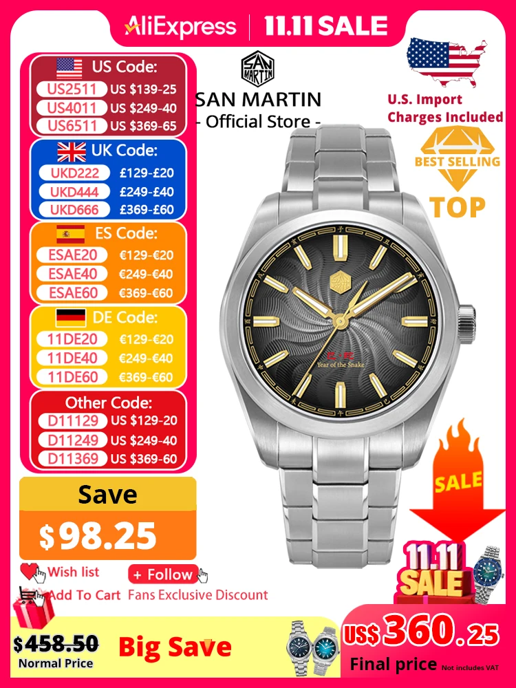 

San Martin 2025 Guilloche Dial Snake Year Limited 39mm Miyota 90S5 Clear Caseback Men Automatic Mechanical Watch Luminous SN0144