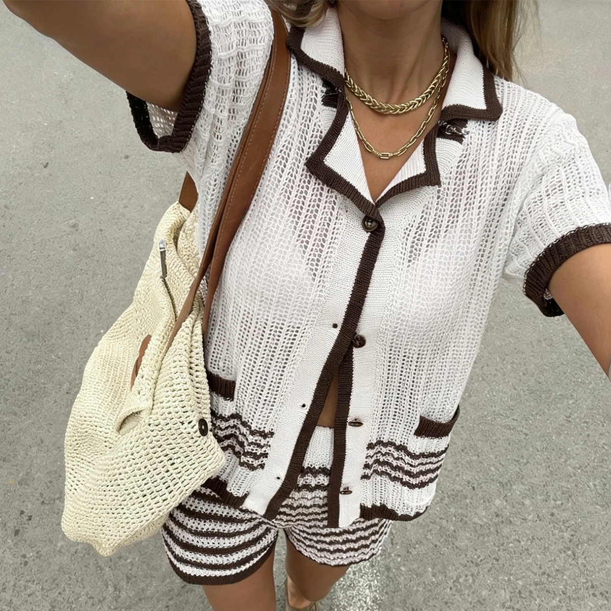 Summer Colorblock Knit Cardigan and Shorts Set, Breathable Hollow Out Travel Cover-Up, Casual Two-Piece for Vacation