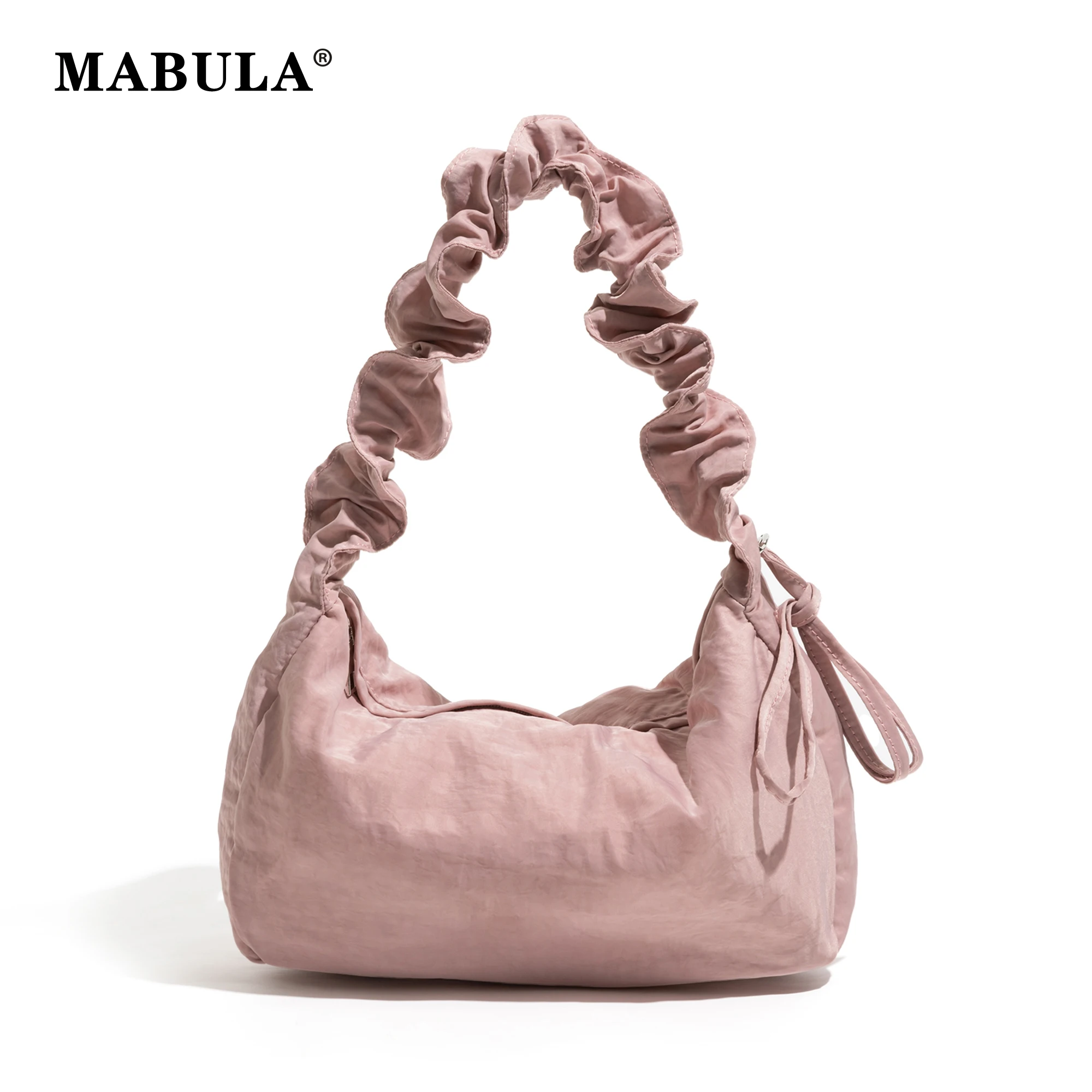 

MABULA Ruffles Strap Women Nylon Shoulder Bag Simple Stylish Underarm Hobo Purse Chic Pink Single Daily Handbag