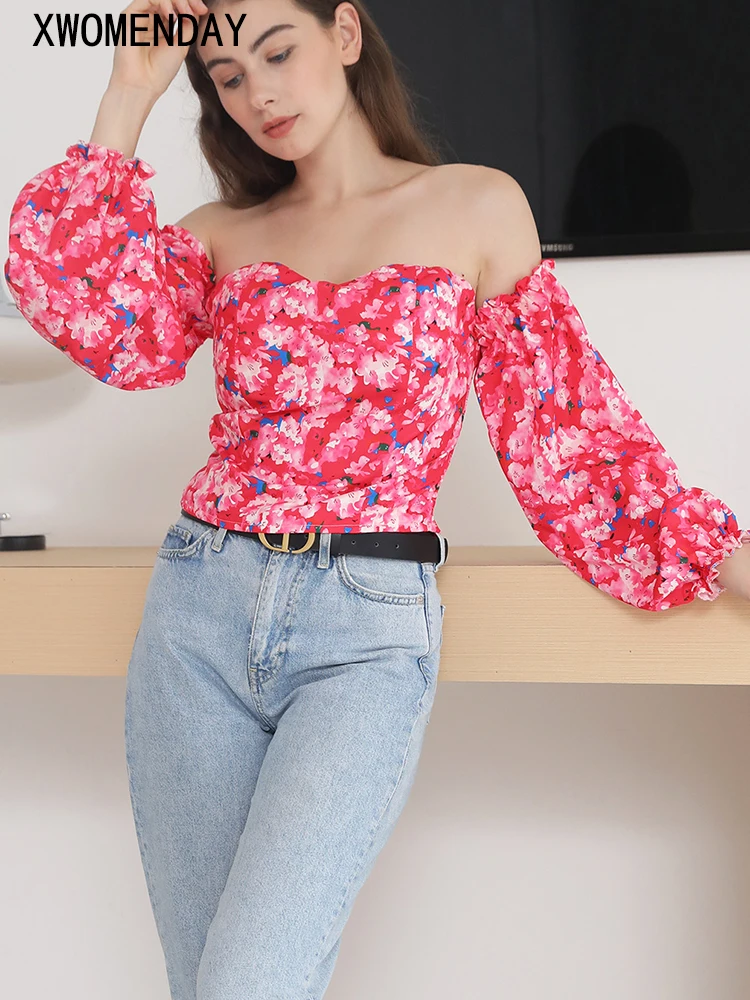 Elegant Floral Blouses For Women Sexy Backless Off Shoulder Crop Top Youth White Blouse Fashion Summer Women Clothing 2024