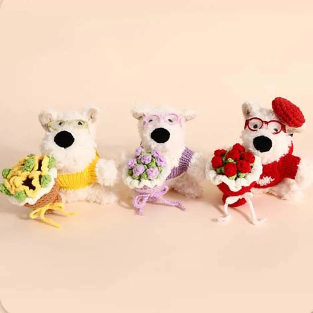 Bouquet of Flowers West Highland Bag Pendant Anti-lost Soft Stuffed Plush Puppy Doll Keychain Cartoon Animal Plush