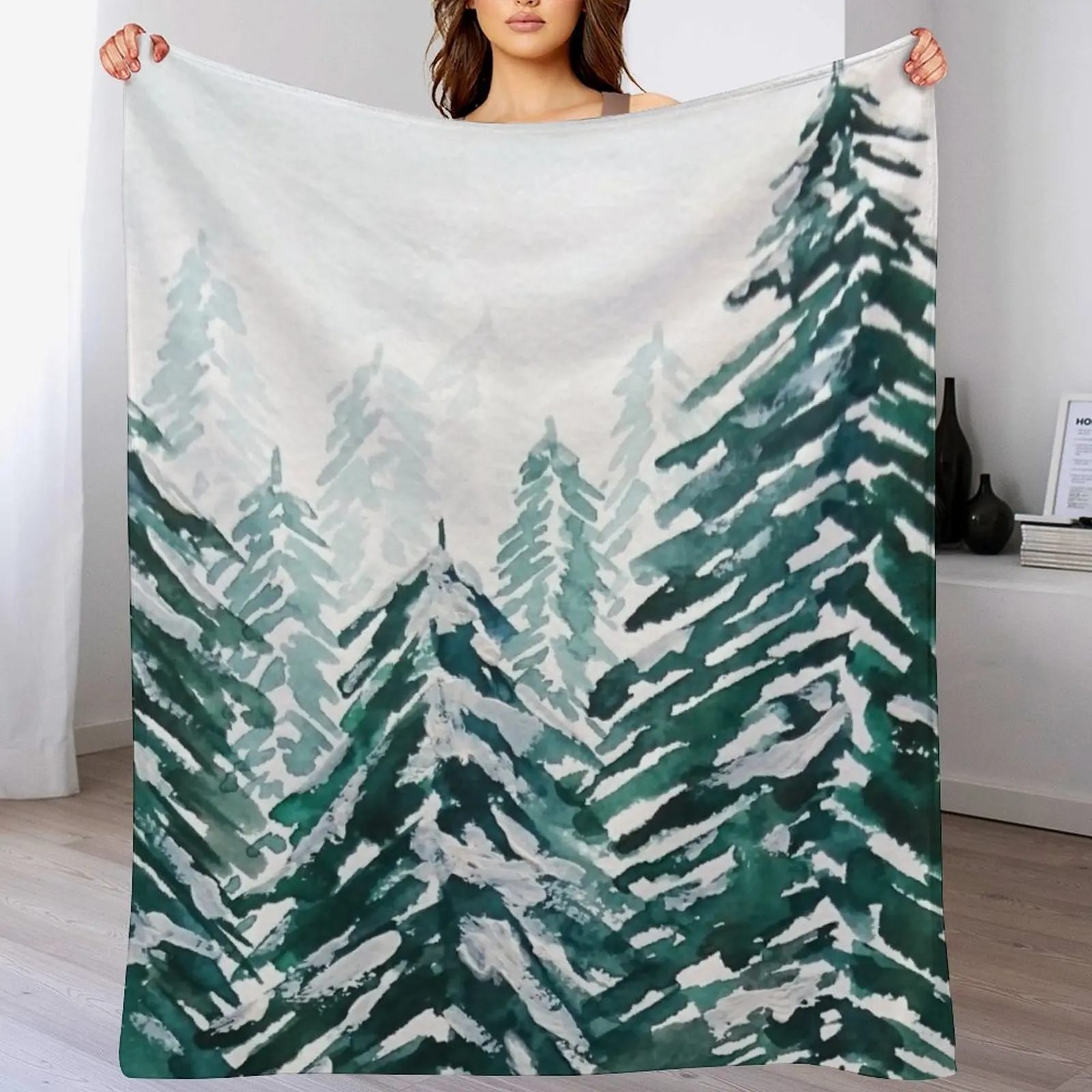 hand painted snowy pine forest green Throw Blanket Men's Soft Warm Throw Blanket for Couch