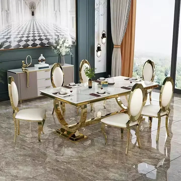 

-Modern Luxury Dining Table Set with 6 Gold Metal Chairs Furniture Marble Restaurant Table for Sale Stylish Dining Room Furnitur