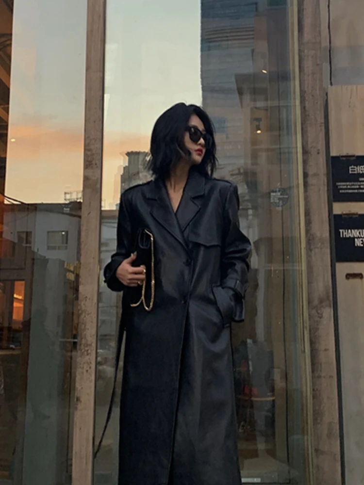 Lautaro Spring Autumn Long Black Soft Pu Leather Trench Coat for Women Belt Double Breasted Cool Handsome European Fashion 2022