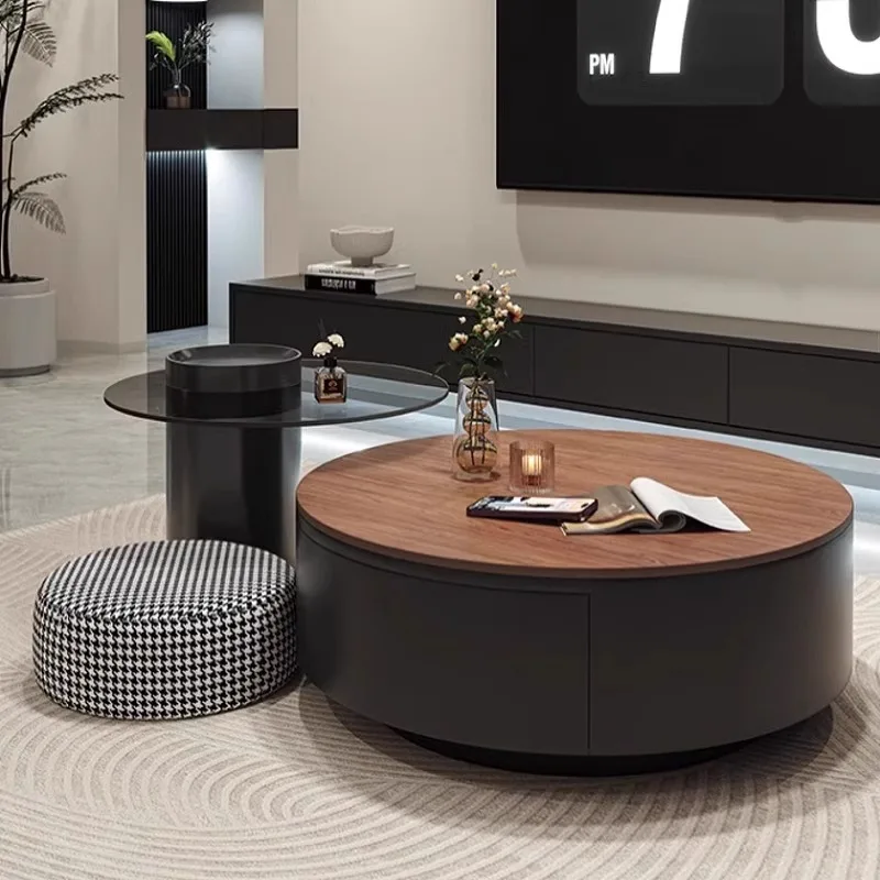 

Medieval style round solid wood coffee table combination living room home light luxury modern simple small apartment