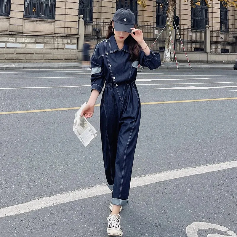 2025 ฤดูใบไม้ผลิฤดูใบไม้ร่วงใหม่ DENIM Jumpsuit ผู้หญิงลําลองหลวมเอวแสดง Slim Workwear แขนยาว Overalls ยาวกางเกงกางเกงยีนส์