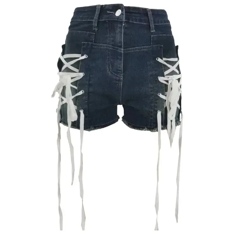 Shorts jeans com cordões personalizados para mulheres, moda casual, mini jeans, calças 3/4, ajuste justo, ultracortos, moda feminina, novo