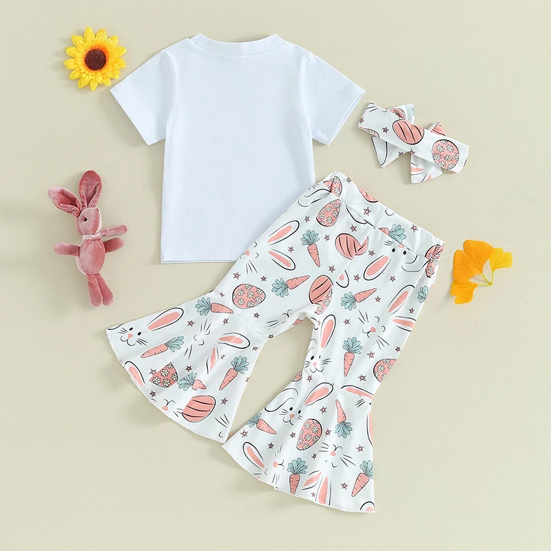 

Baby Girl Bell Bottom Outfit Short Sleeve T-shirt Flare Pants With Headband 3Pcs Clothes Set Easter Bunny Outfits