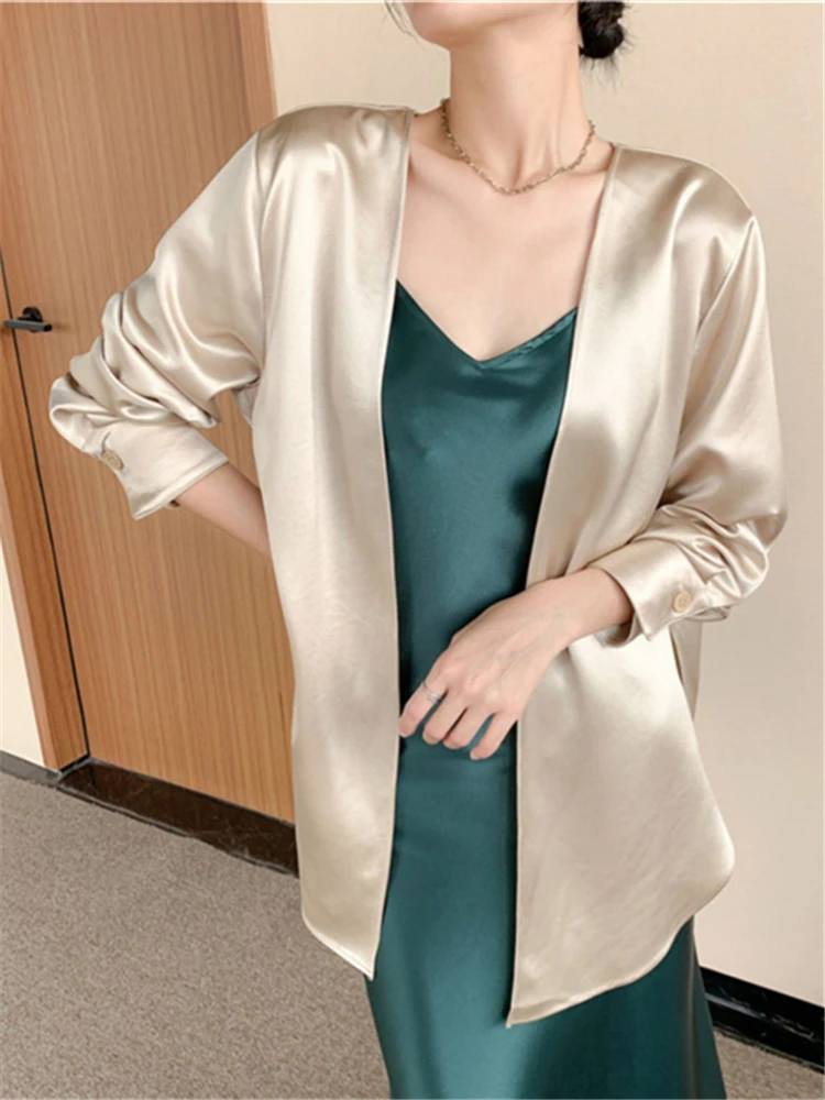 Cardigan in seta di ghiaccio da donna stile coreano manica lunga cardigan in raso di acido acetico top cappotto elegante primaverile e autunnale