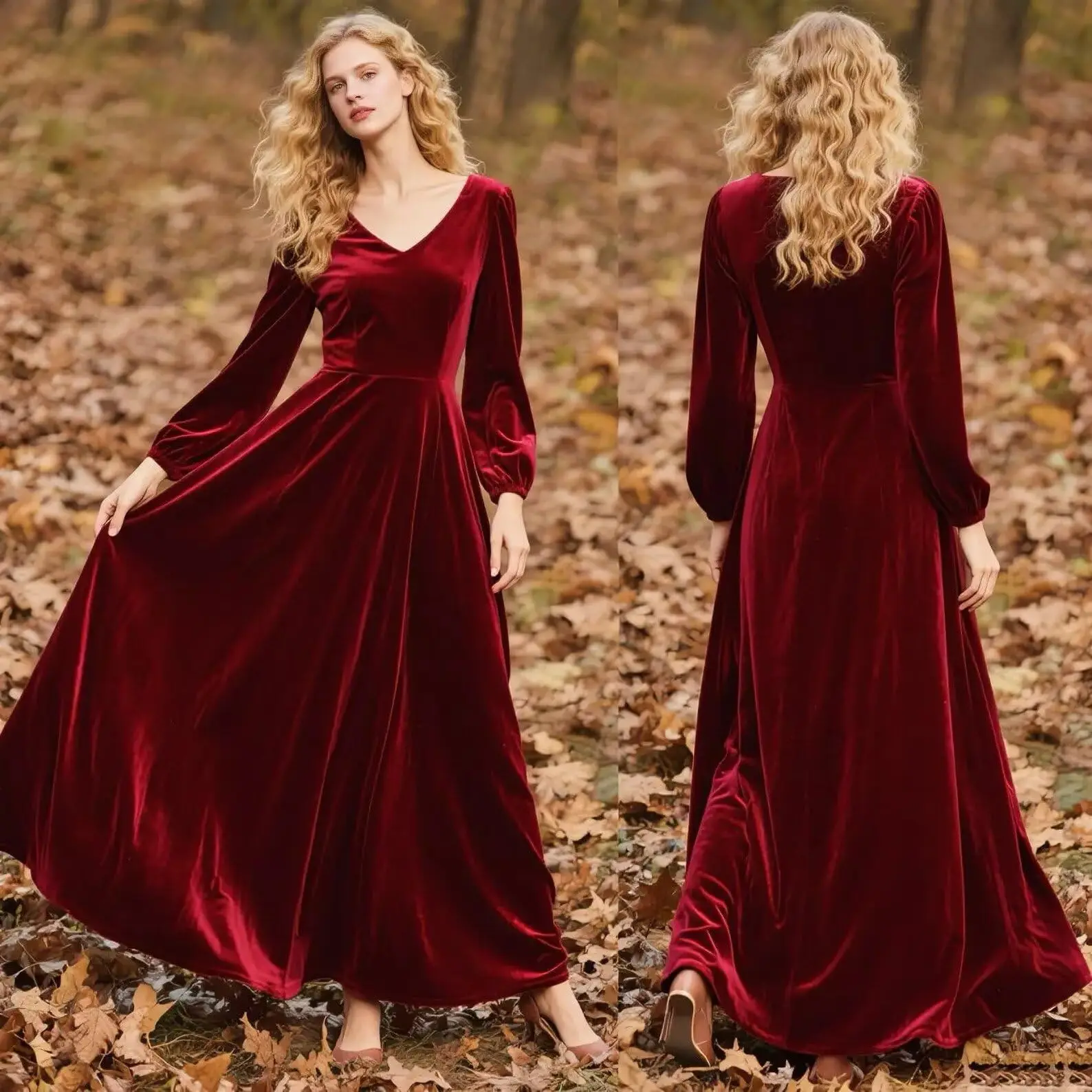 

V Neck Velvet Bridesmaid Dresses for Women Long Sleeve A Line Velvet Dress