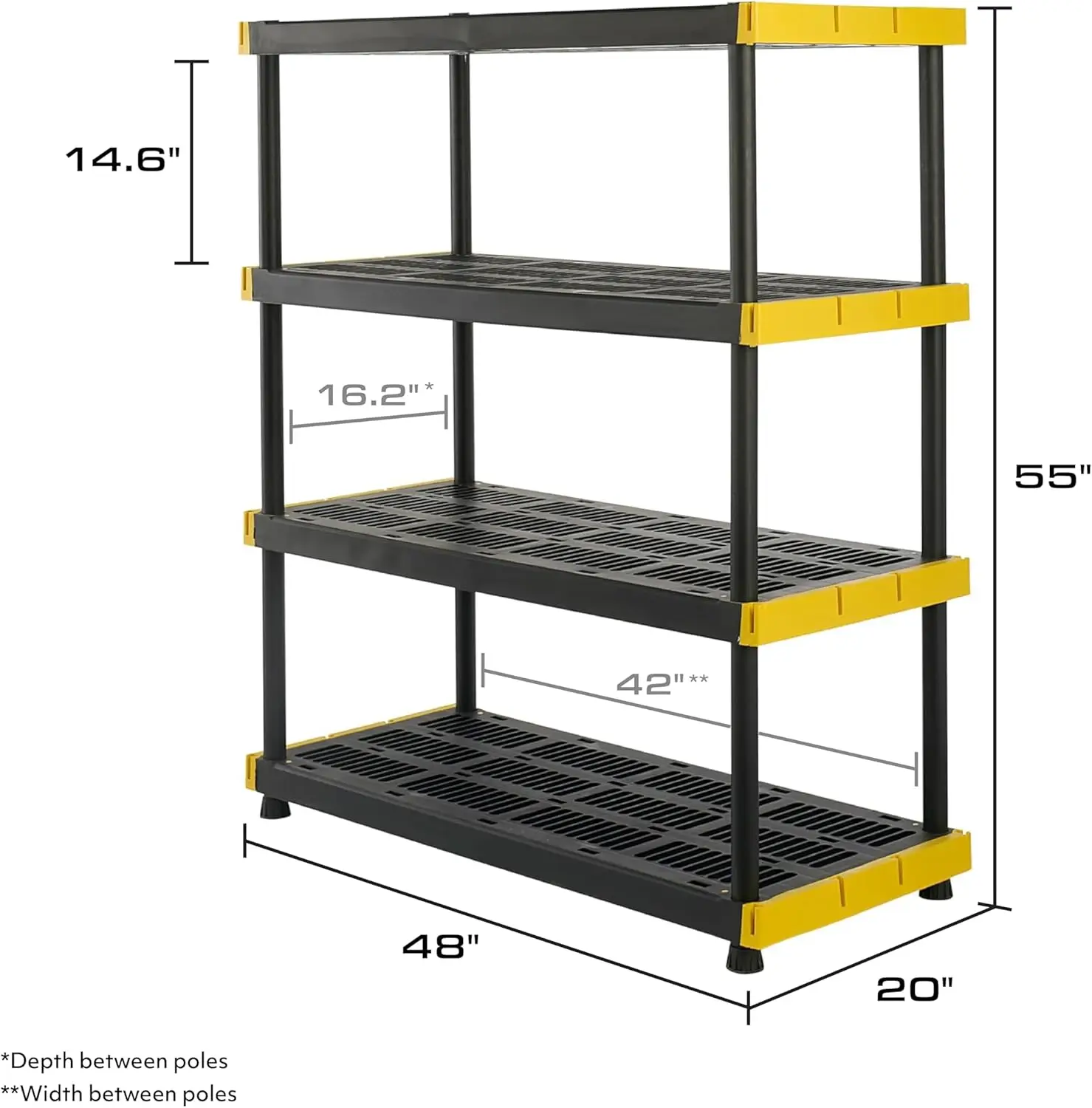 Cx Black & Yellow®, 4-Tier Heavy Duty Plastic Storage Shelving Unit, 200Lbs/Shelf (55”H X 48”W X 20”D), For Indoor/Outdoor