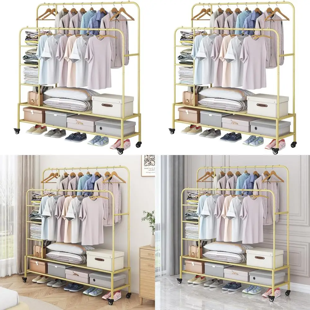 

Прочная портативная вешалка для одежды с металлической полкой и двойными перекладинами для сушки белья, черная