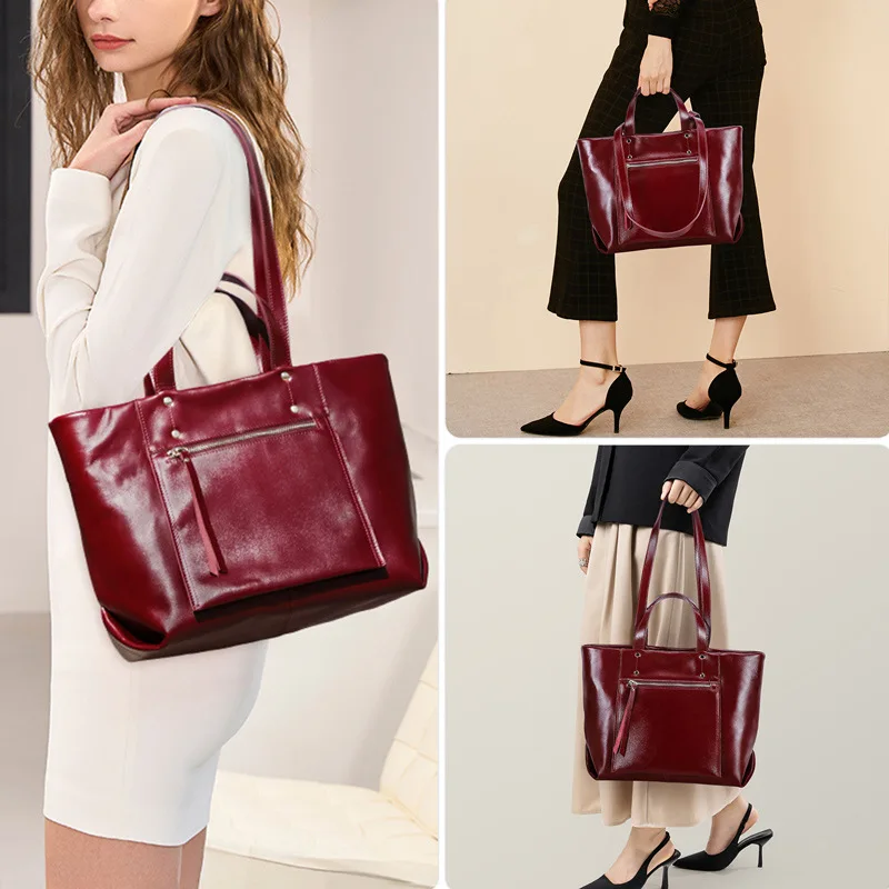 Ladies Top Layer Cowhide Leather Handbag for 14 Inch Laptop Large Capacity Multi-compartment Genuine Leather Single Shoulder Bag