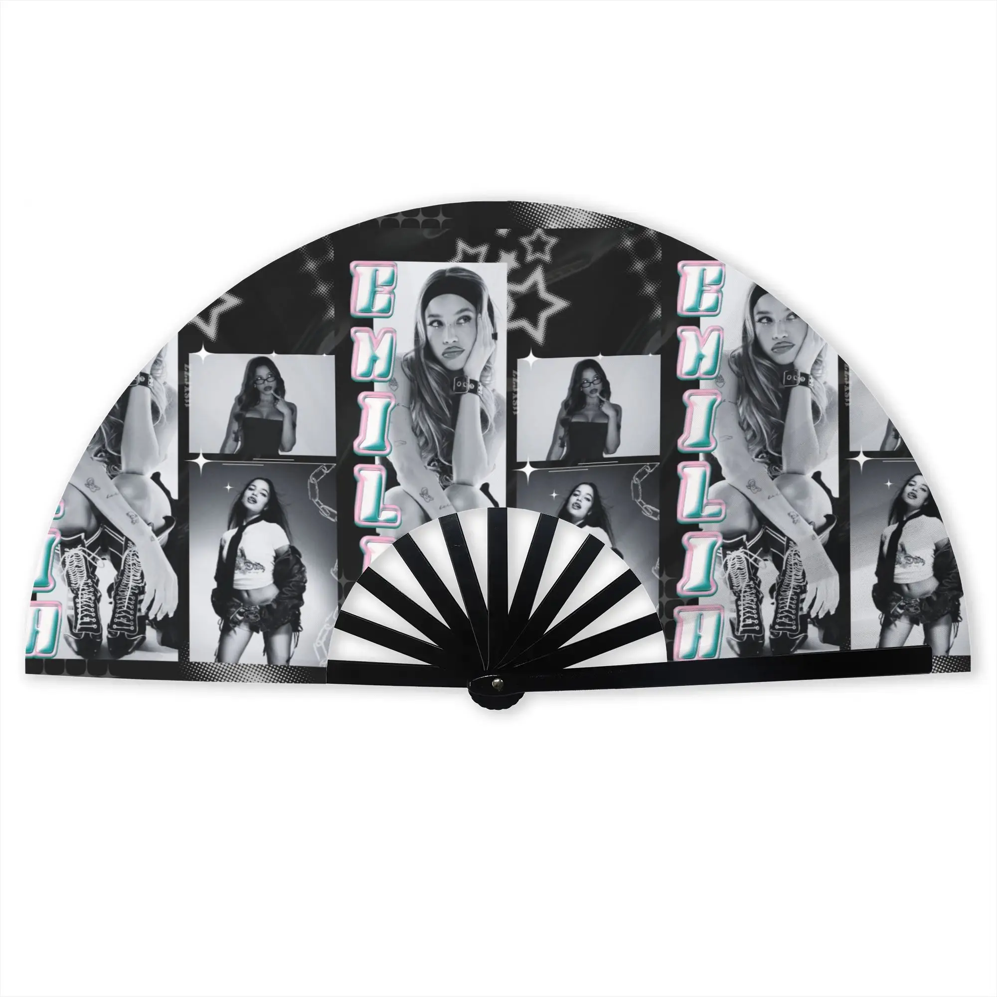 E-Emilia Mernes Folding Hand Fan Custom Mp3 Singer Poster Polyester Fabric Fan Cool Summer Accessory Decorative Fans