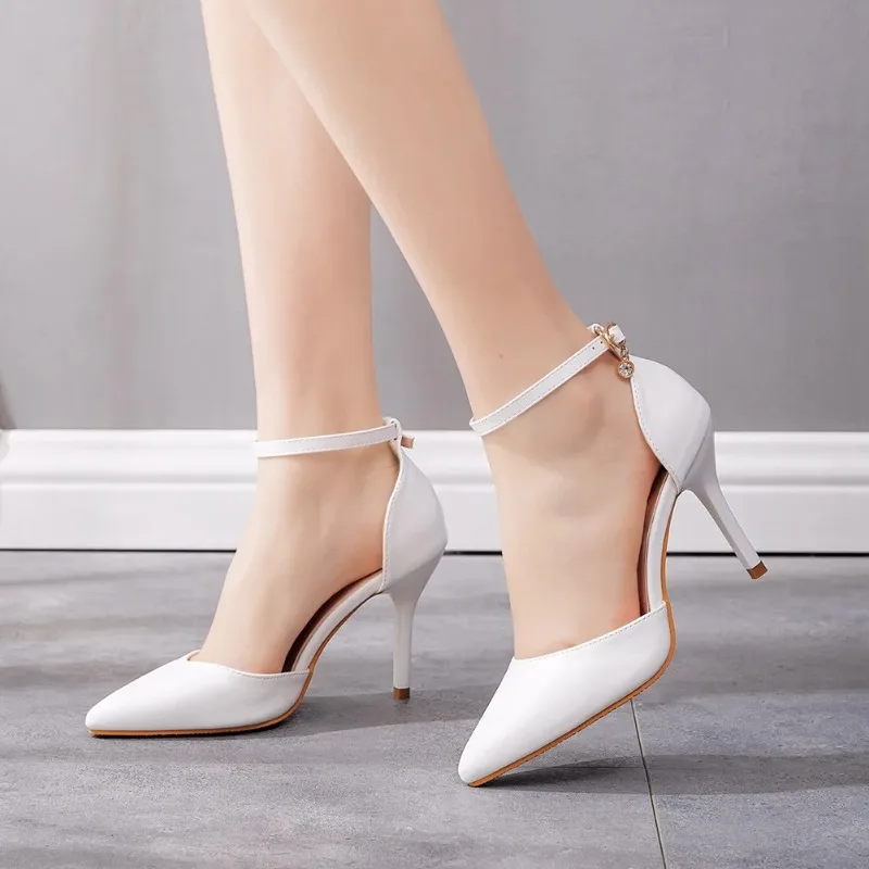 Sandalias de tacón alto y fino para mujer, zapatos elegantes de PU, color blanco, 9,5 CM, para fiesta y Club