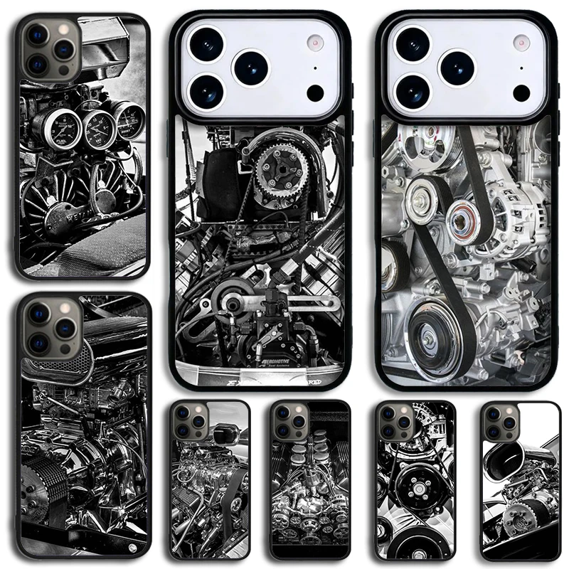 Automobile Spare Parts Car Engine Phone Case For iPhone 14 Pro Max 15 13 12 16 17 Pro 11 Shockproof Silicone Cover Decor