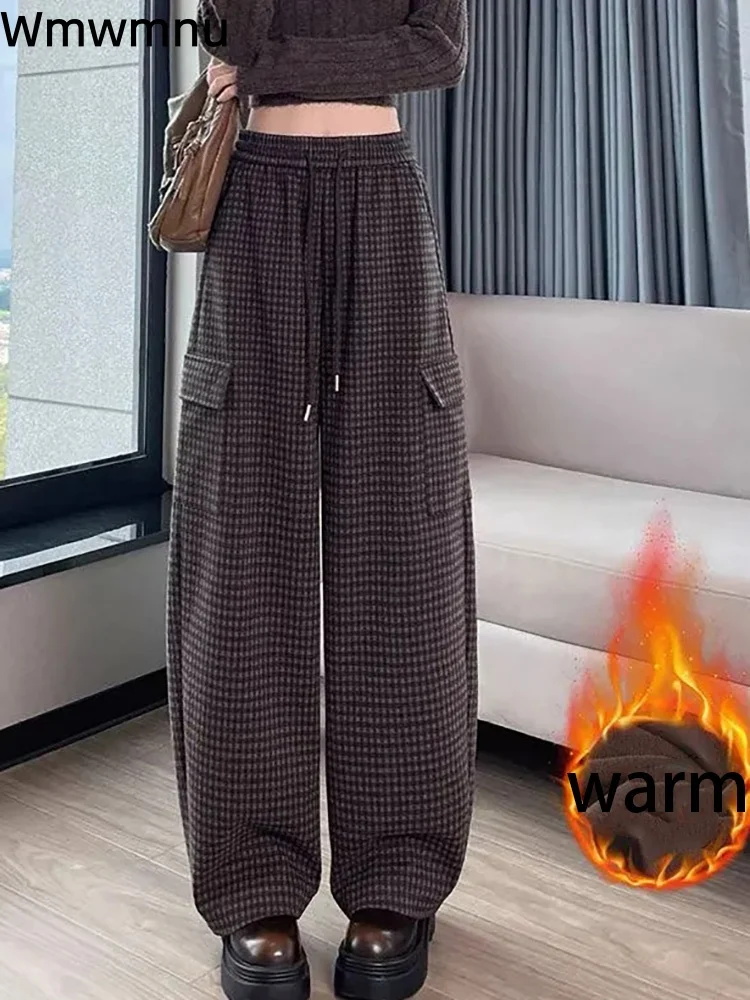 

Шерстяные клетчатые брюки на шнуровке, эластичные широкие брюки с высокой талией, модные свободные женские повседневные брюки-карго на шнуровке