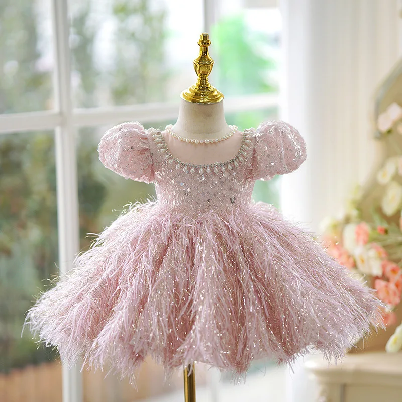 ANGELSBRIDEP Pink Flower Girl Dresses Feathers Princess Dress Baby Girls Host Performance Dress Gorgeous and Elegant