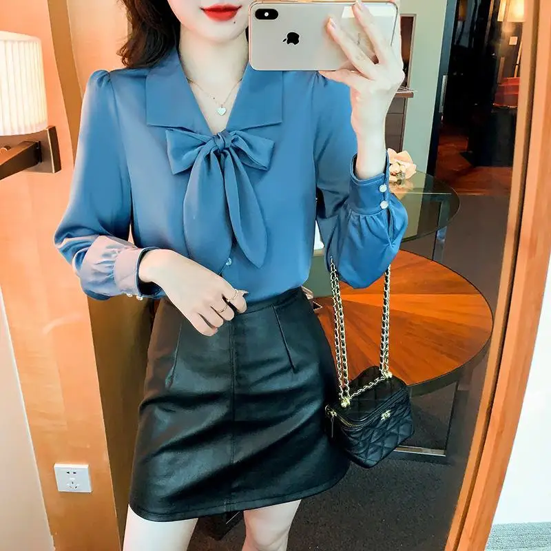 Bow Polo Neck Solid Color Office Blouse Spring Autumn Long Sleeve All-match Korean Shirt Tops Temperament Fashion Women Clothing