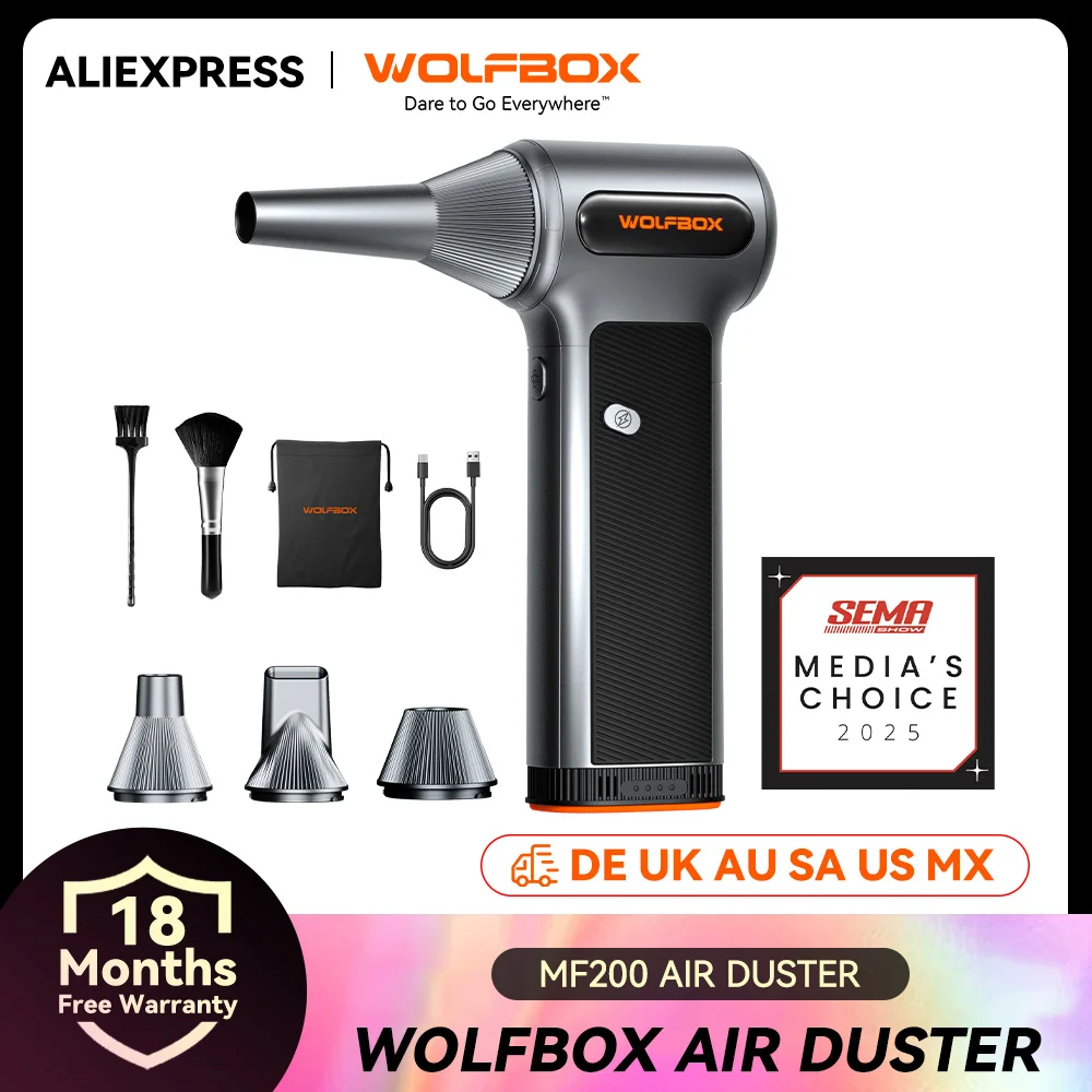WOLFBOX MF200 souffleur d'air électrique sans fil, moteur sans balais Rechargeable à 3 vitesses pour voiture/PC/maison/extérieur