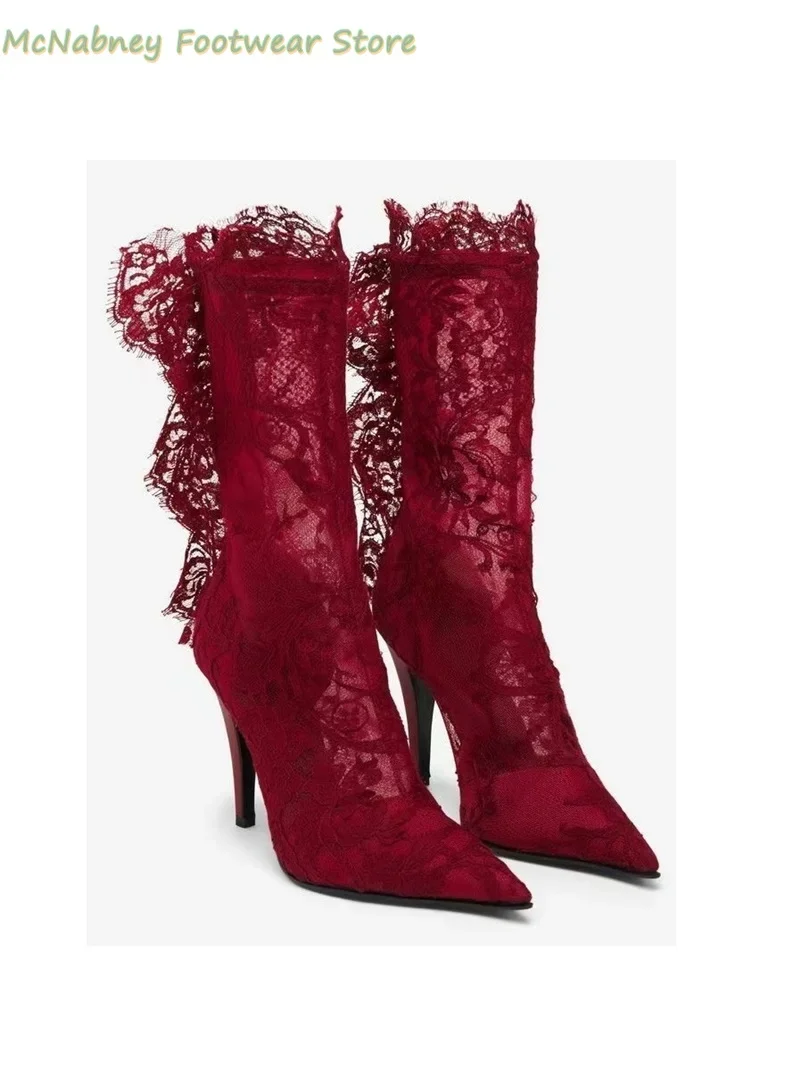 

Pointed Lace Ankle Boots Hollow Out Stilettos Burgundy High Heels Autumn And Winter Women's Luxury High Heels Runway Style