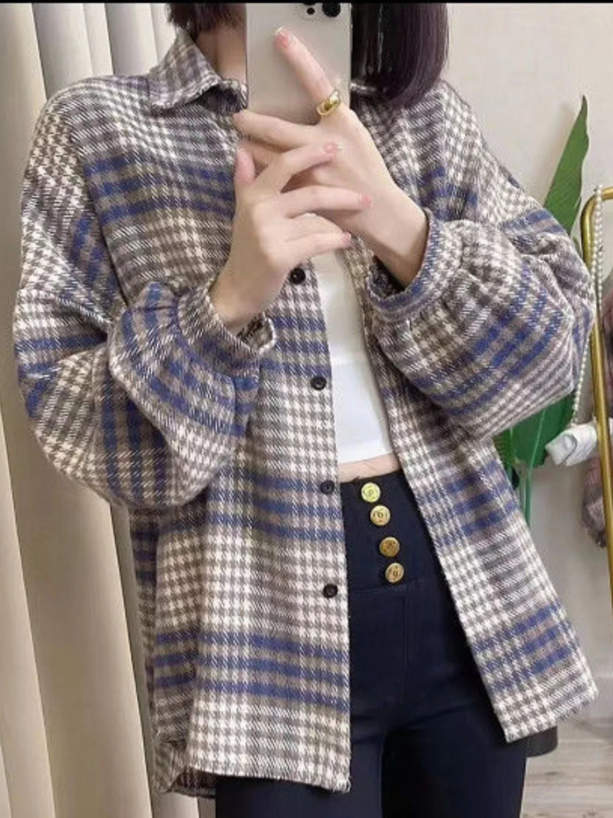 

Женская свободная винтажная куртка-рубашка в клетку с эффектом похудения, весна-осень, новинка, корейский стиль, большие размеры, с воротником