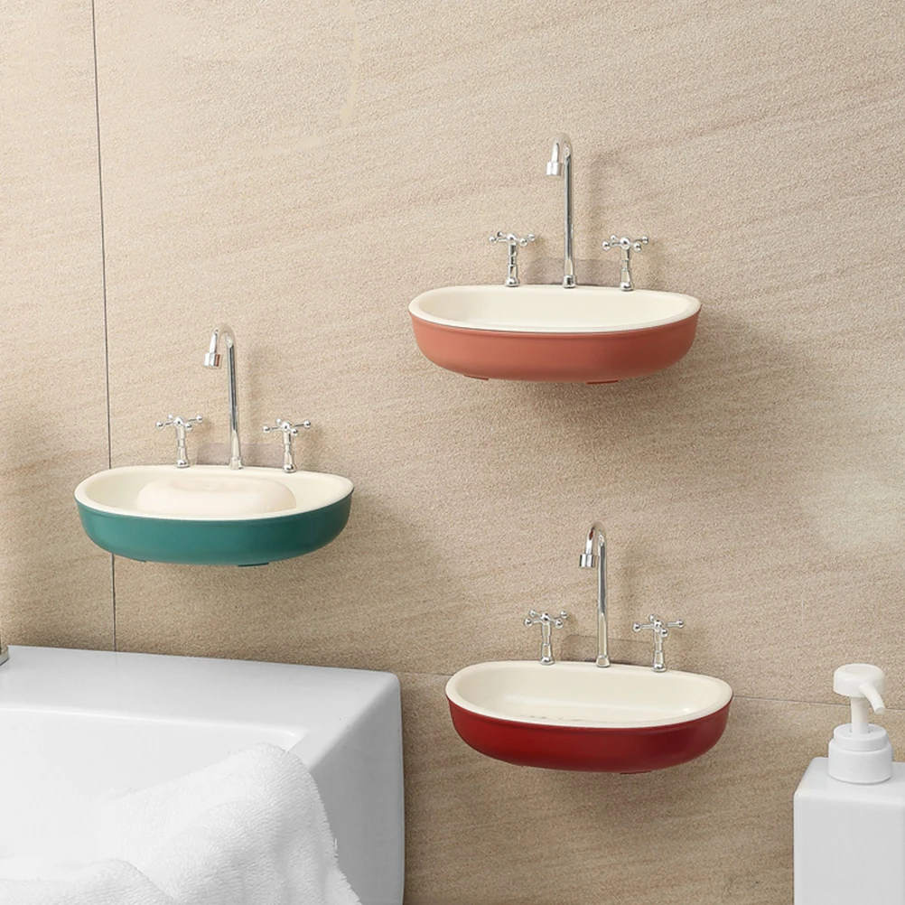 

1pc Holder For Bathroom Simple Design Suction Cup No Hole Draining Soap Tray Kitchen Sink Abs Soap Dish White Red