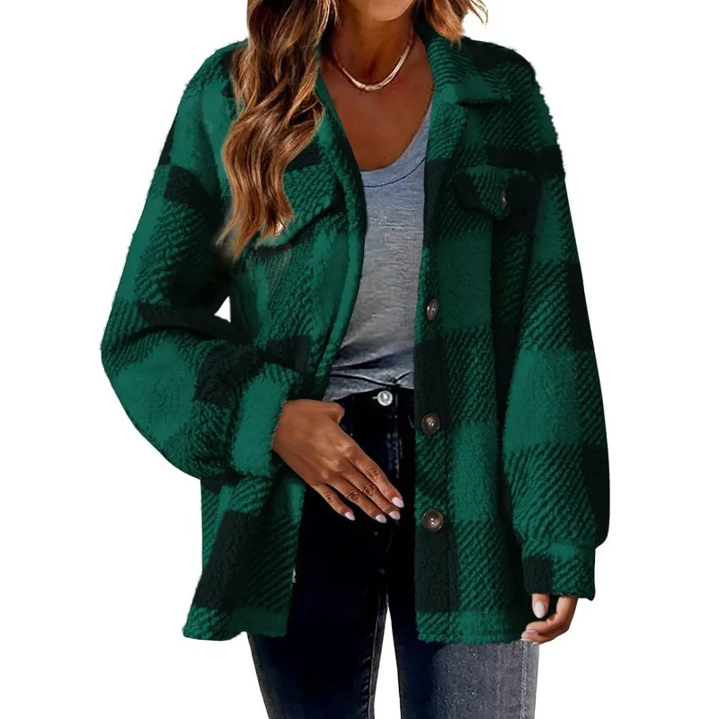 2024 Autumn Winter New Women\'s Clothing Pocket Plaid Lambswool Jacket Button Plush Coat Shacket