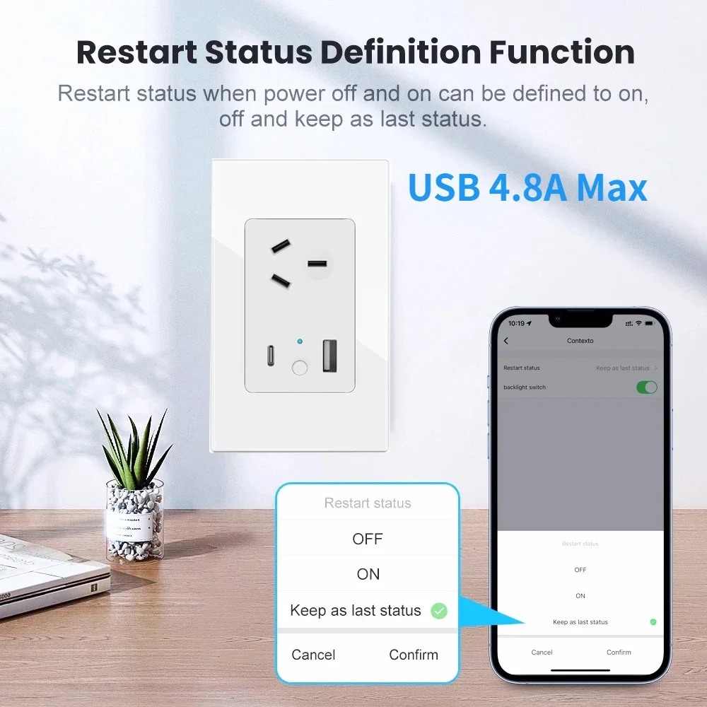 Melery AU Plug Tuya Wi-Fi Smart Touch Switch Wall Socket Glass Panel USB Type C for Iphone Outlet Remote by Alexa Google Home