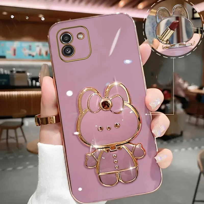 A 03 Makeup Mirror Cute Rabbit Phone Holder Case On For Samsung Galaxy A03 Core A03s A03core Girl Woman Used Luxury Stand Cover