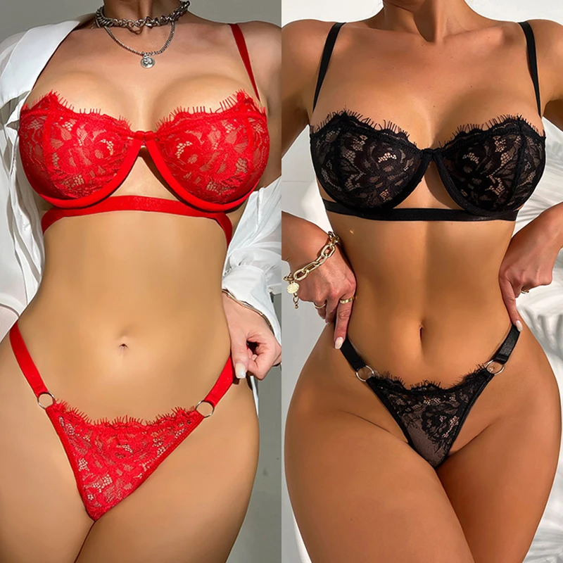 Sexy Lingerie Woman Lace Transparent Steel Ring Support Underwear Brief Set Push Up Sleepwear Suit Plus Size Erotic Open Bra