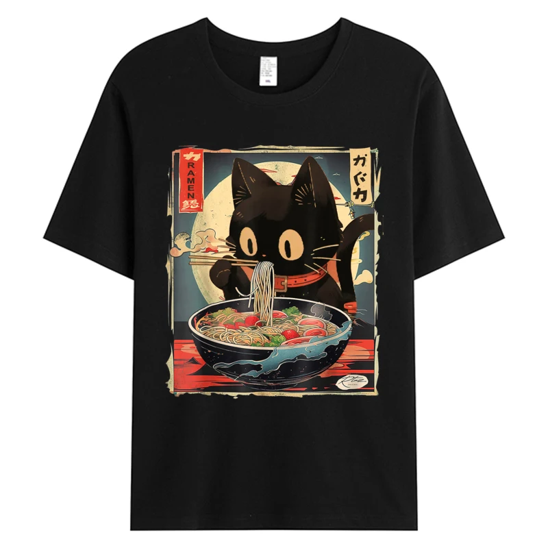 

Men T-shirt Kawaii Cat Eating Ramen Noodles Anime Gift Men's Cotton Graphic 2025 Festival Discount Tshirt Male Clothes Slim Fit