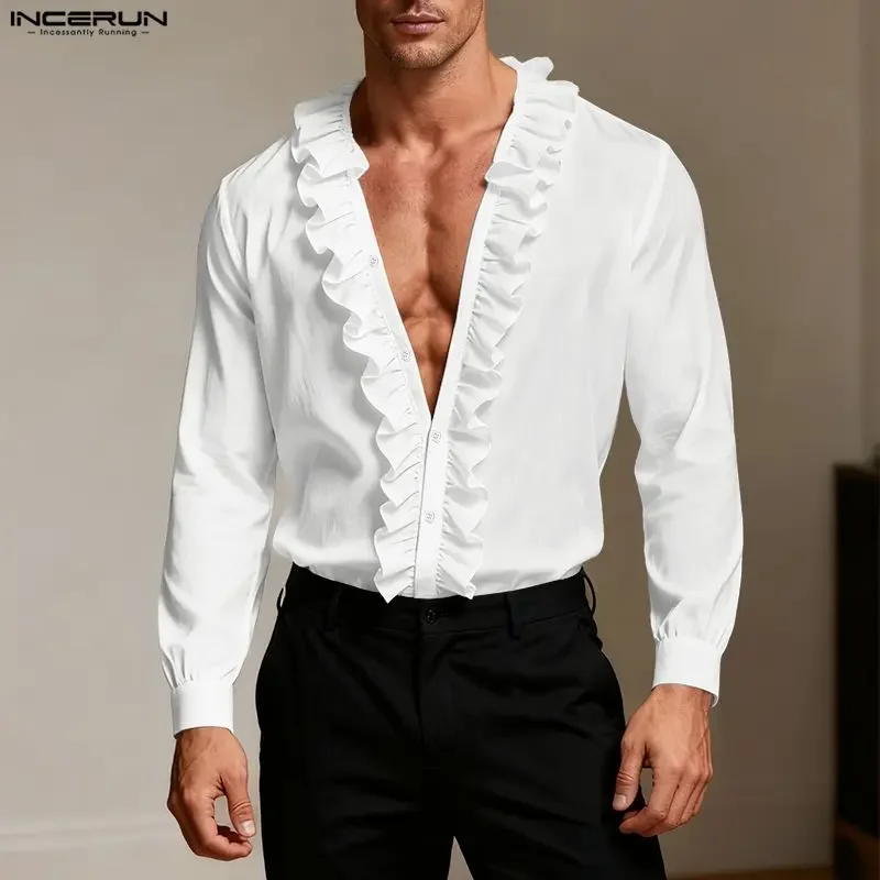 Herrenhemden INCERUN Tiefer V-Ausschnitt Rüschen Langarm-Oberteile Herrenbekleidung Streetwear Einfarbig 2026 Modische Elegante Hemden für Männer