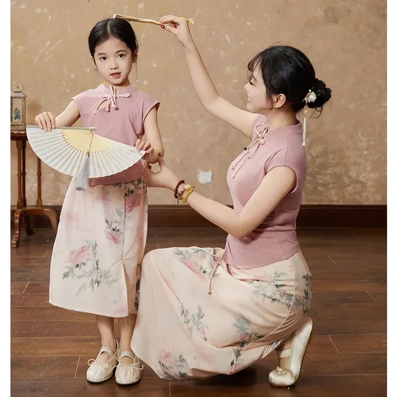 

2024 Mom and Daughter Matching Clothes Sets Chinese Style Skirts Two Piece Outfits Summer Baby Girl and Mother Equal Pink Tops