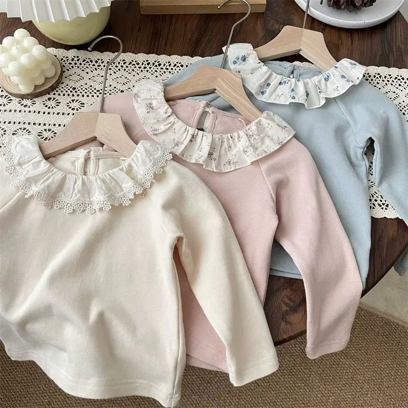 Kids Girls Cute Undershirts 2025 New Arrival Floral Print Colar Stitching T-shirt Autumn Winter Cotton Top Japanese Korean Style