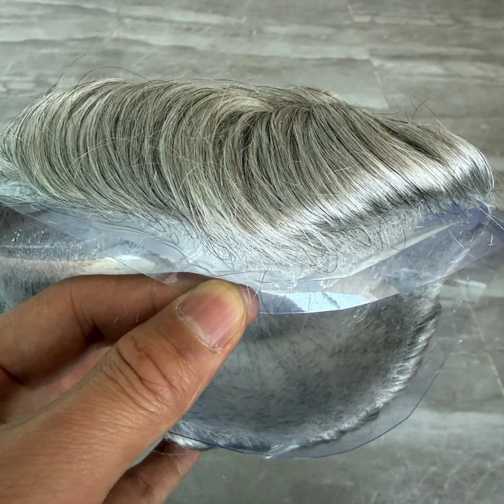 #1B80 Grey Blonde 0.02mm Ultra Thin Skin Base Men Human Hair Toupee Hair Replacement System Capillary Prosthesis for Bald Men
