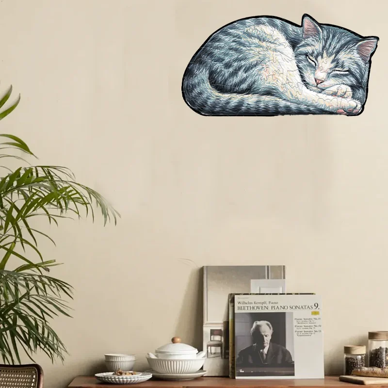 Quebra-cabeça de madeira em forma de gato fofo, ferramentas educacionais infantis, jogos interativos entre pais e filhos, nano cola grátis para colar