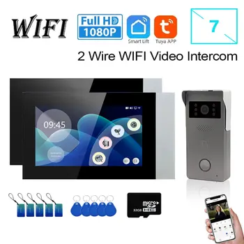 Sistema de videoportero wifi con aplicación Tuya de 2 cables, timbre Visual de 1080P + acceso RFID, cámara HD, 2 uds., Monitor de pantalla táctil a Color de 7 pulgadas