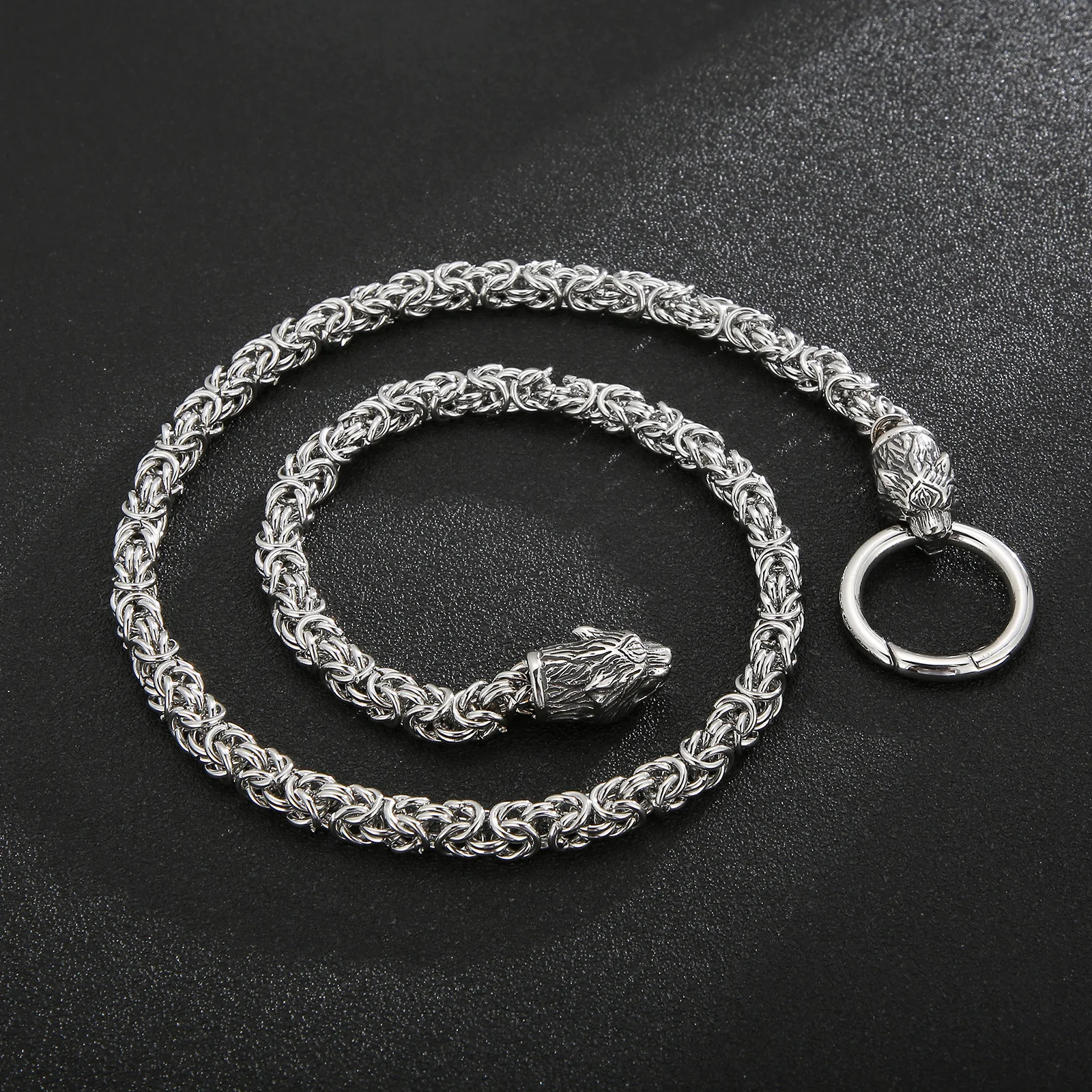 

7mm Handmade Open Ring Chain Necklace Men Stainless Steel Animal Sheep Wolf Bone Jewelry