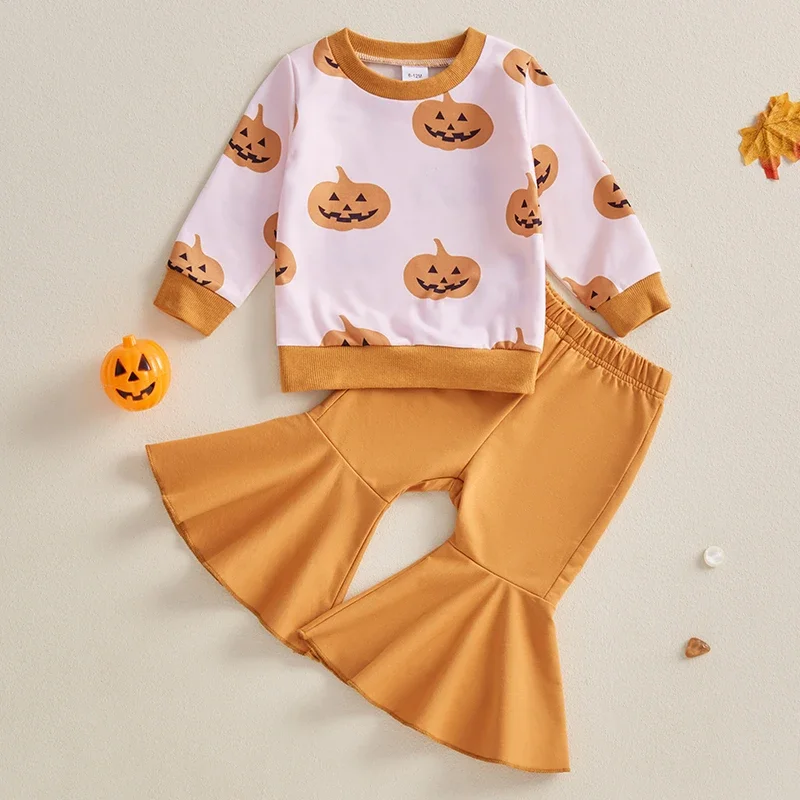 

2PCS Autumn Baby Clothing For Toddler Girls Outfits Long Sleeve Pumpkin Print Sweatshirt Flare Pants Kid Halloween Clothes Set