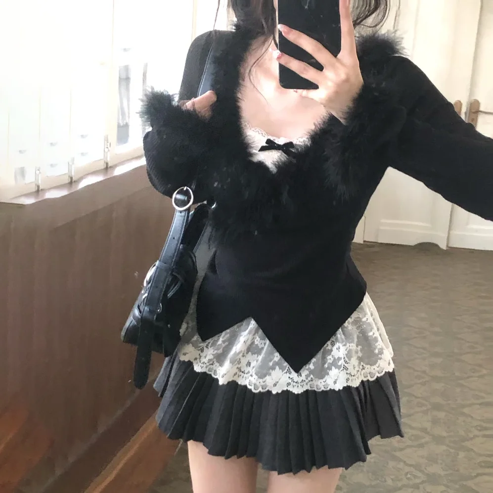 Y2k Vintage Punk Retro Elegant Faux Fur Cardigan Female Suit Streetwear Casual Knitted Sweater Coats Kawaii 2 Piece Sets