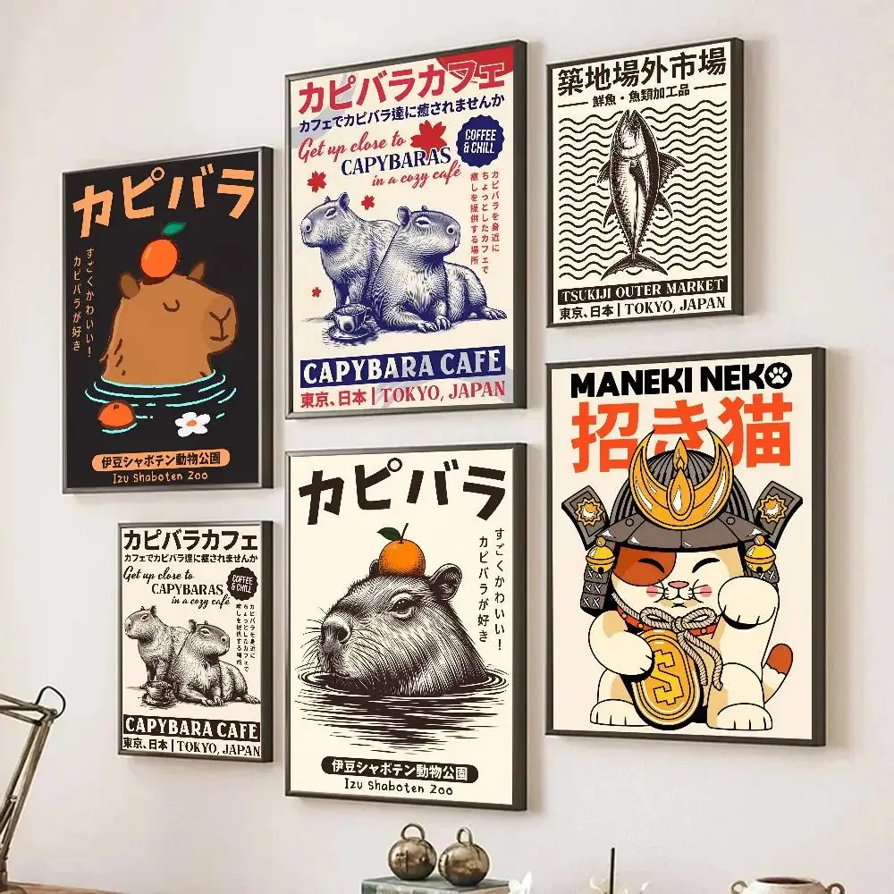 Capybara Japanese Onsen Poster Self-adhesive Art Room Entrance Restaurant Wall Decor Art Painting