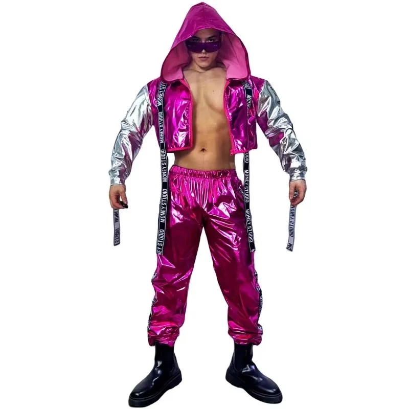 Traje de dança de rua masculino hip hop jazz rave outfit conjunto de couro com capuz jaqueta e calças masculino cantor grupo bandagem carta tema