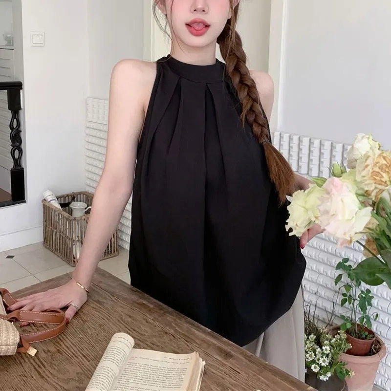 Casual Fashion Pleated Shirts Female Clothing Solid Color Basic Summer Sleeveless French Style Halter Loose Sweet Folds Blouse