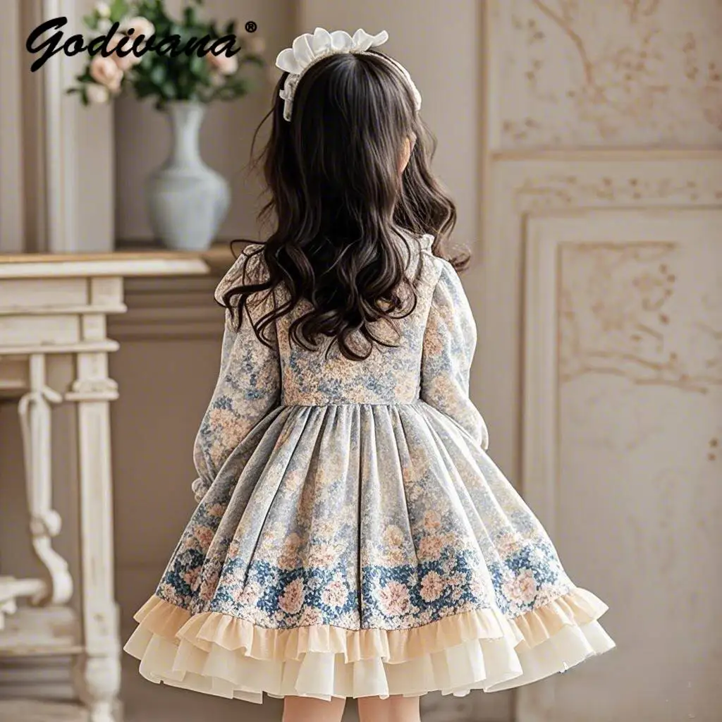 Vestido de Princesa Lolita para Niñas, Estilo Dulce, Primavera y Otoño, Estampado Floral, Manga Larga Abullonada, con Encaje, para Fiestas de Cumpleaños