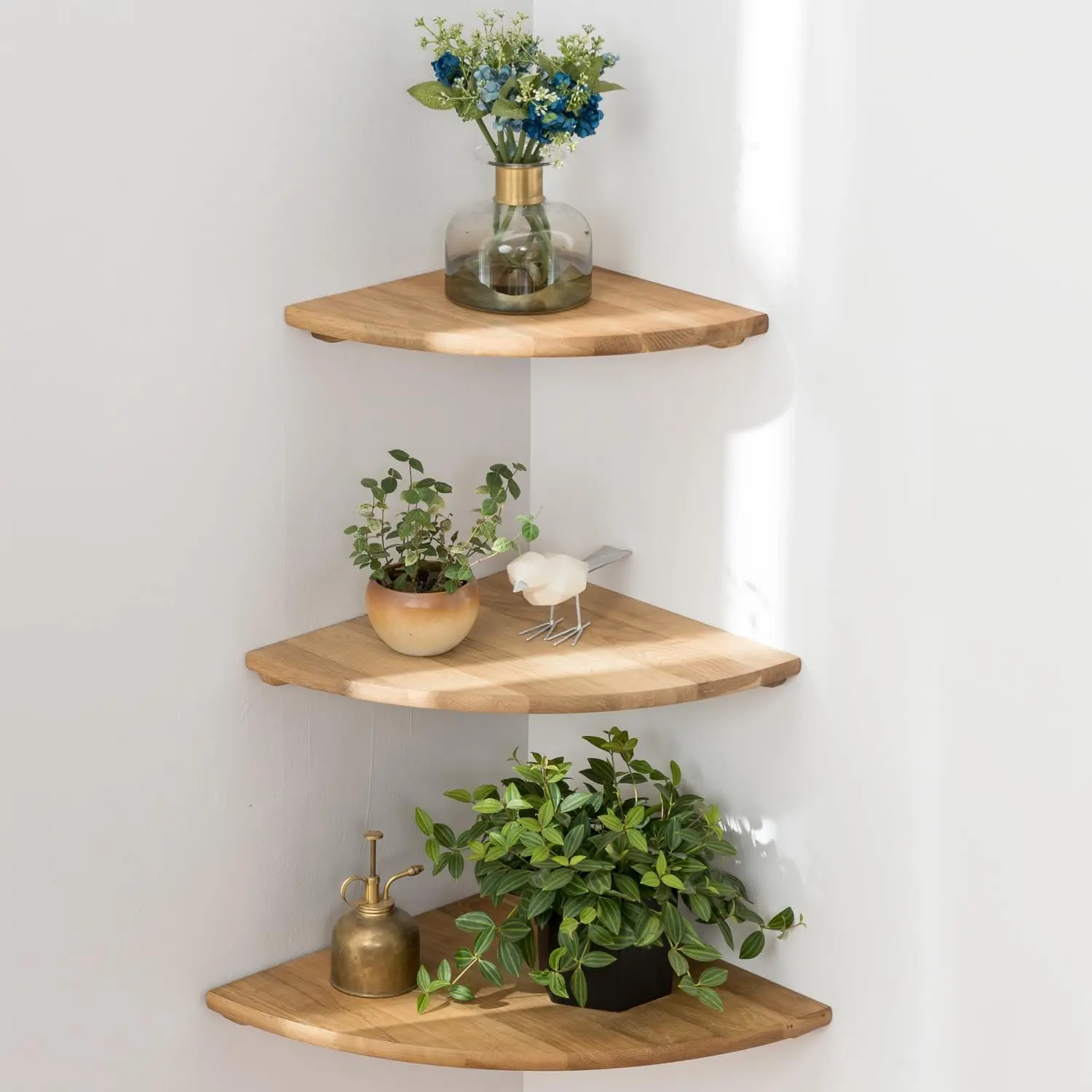

Corner Shelves, Floating Corner Shelf, Set Of 3 Solid Oak Wood Corner Wall Shelves, Round End With Wire Hole Shelving For Small
